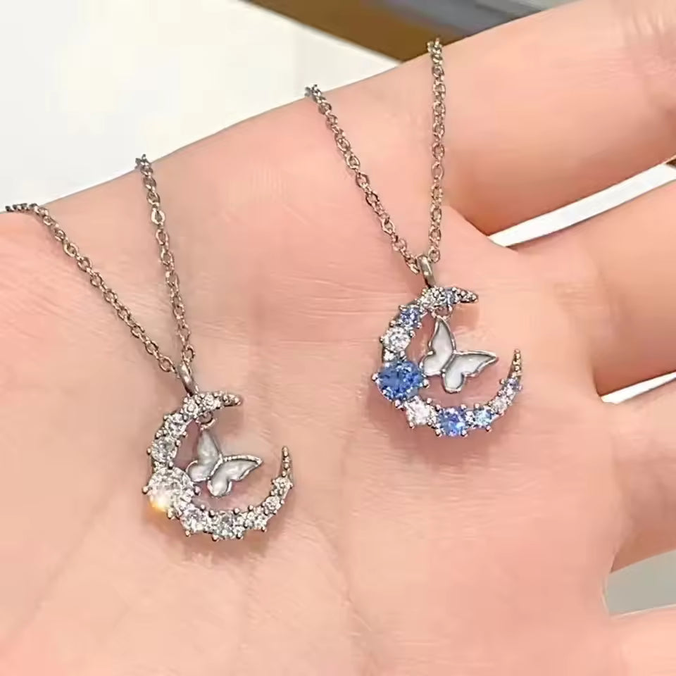 Crystal Butterfly Necklace for Women Girls Simple Shiny Zircon Bilayer Choker Clavicle Chain New Fine Jewelry