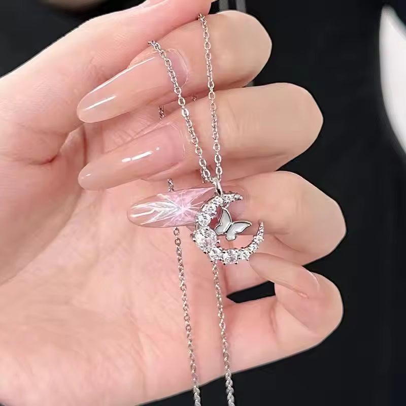 Crystal Butterfly Necklace for Women Girls Simple Shiny Zircon Bilayer Choker Clavicle Chain New Fine Jewelry
