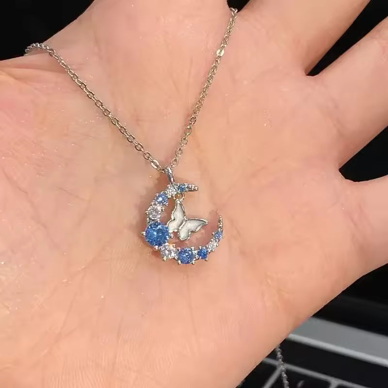 Crystal Butterfly Necklace for Women Girls Simple Shiny Zircon Bilayer Choker Clavicle Chain New Fine Jewelry