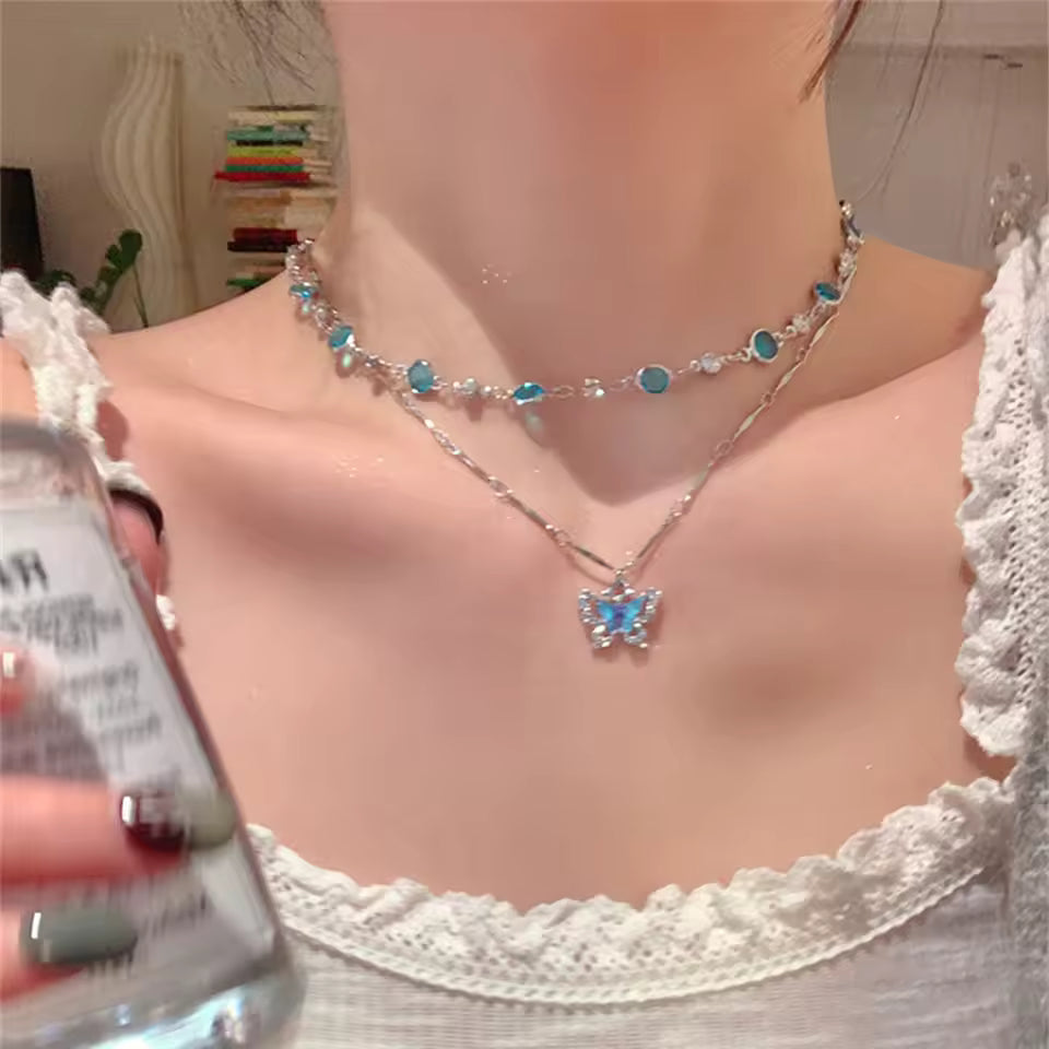 Blue Crystal Butterfly Necklace for Women Girls Bilayer Choker Clavicle Chain Fashion Delicate Zircon Sparkling Pendant