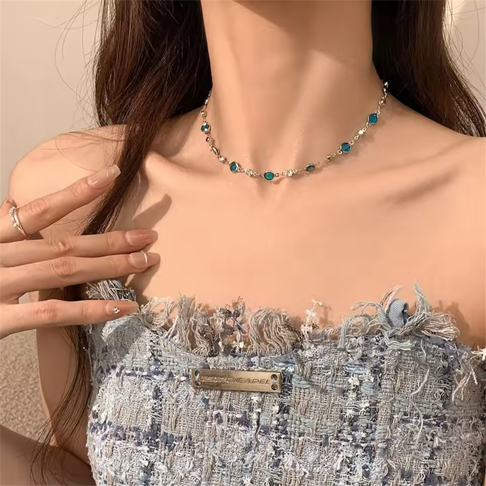 Blue Crystal Butterfly Necklace for Women Girls Bilayer Choker Clavicle Chain Fashion Delicate Zircon Sparkling Pendant