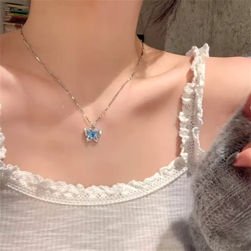 Blue Crystal Butterfly Necklace for Women Girls Bilayer Choker Clavicle Chain Fashion Delicate Zircon Sparkling Pendant