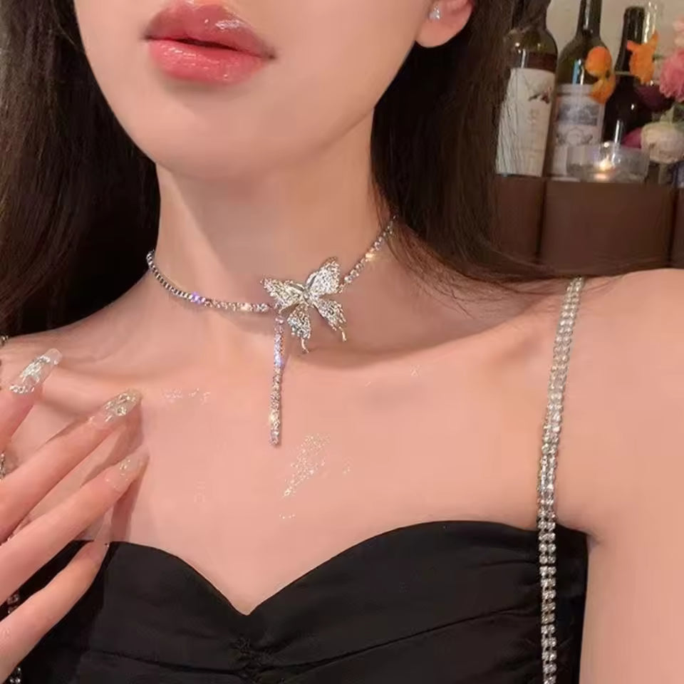 Rhinestone Butterfly Pendant Necklace Silver Color Butterfly Pendant Adjustable Hiphop Stainless Steel Jewelry Choker